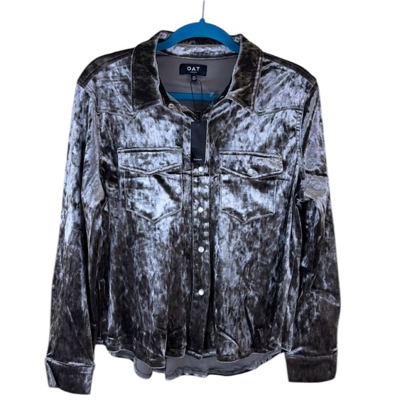 NWT OAT NY Contemporary Grey Velvet Western Style Cropped Snap Shirt Size M - Picture 3 of 15